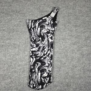 One Shoulder Ruched Bodycon Dress Black White Abstract Print Midi Small
